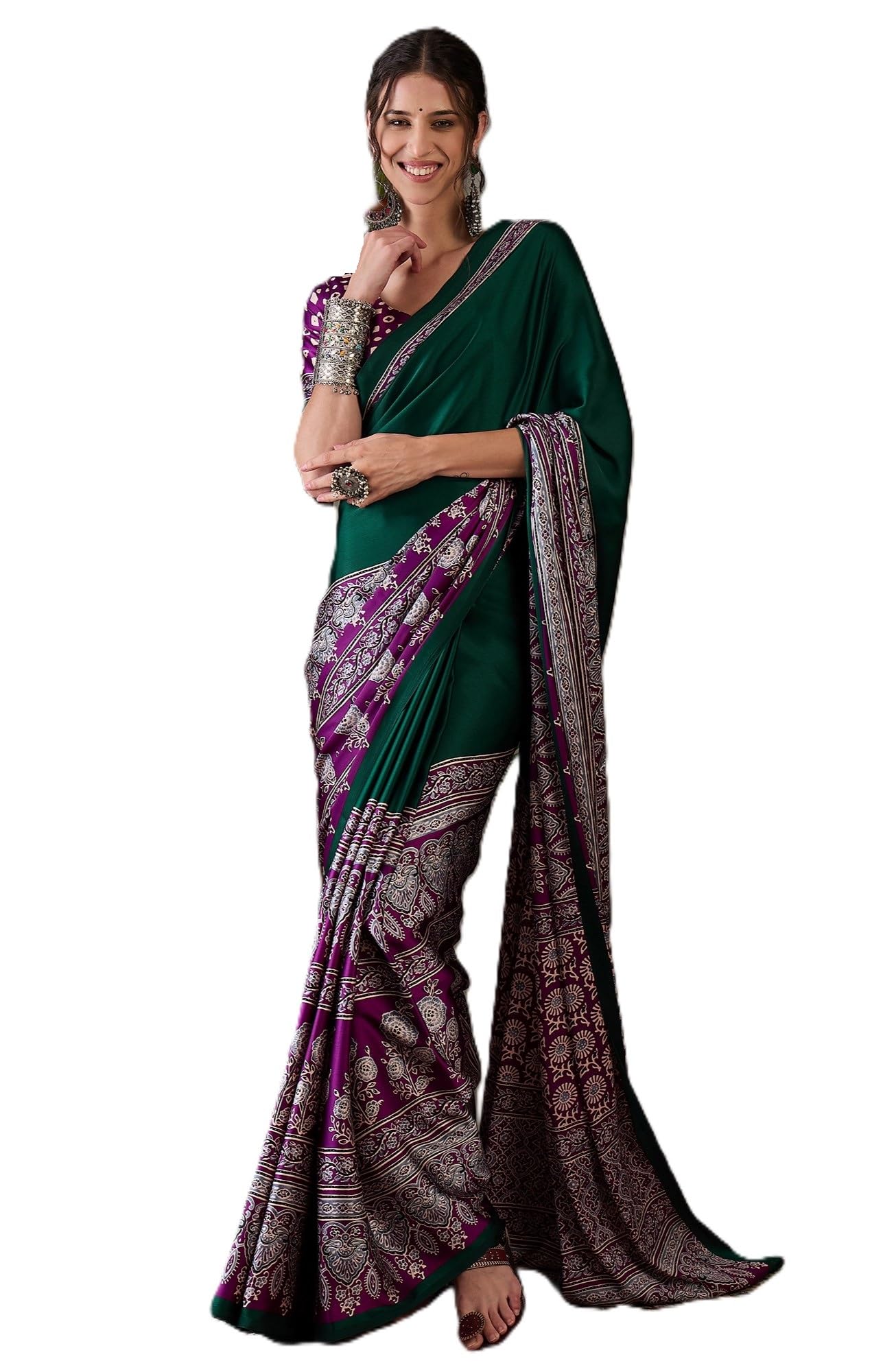 pandadi saree Women's Satin Silk Ajrak Printed Work Saree With Unstitched Blouse Piece-picture-25