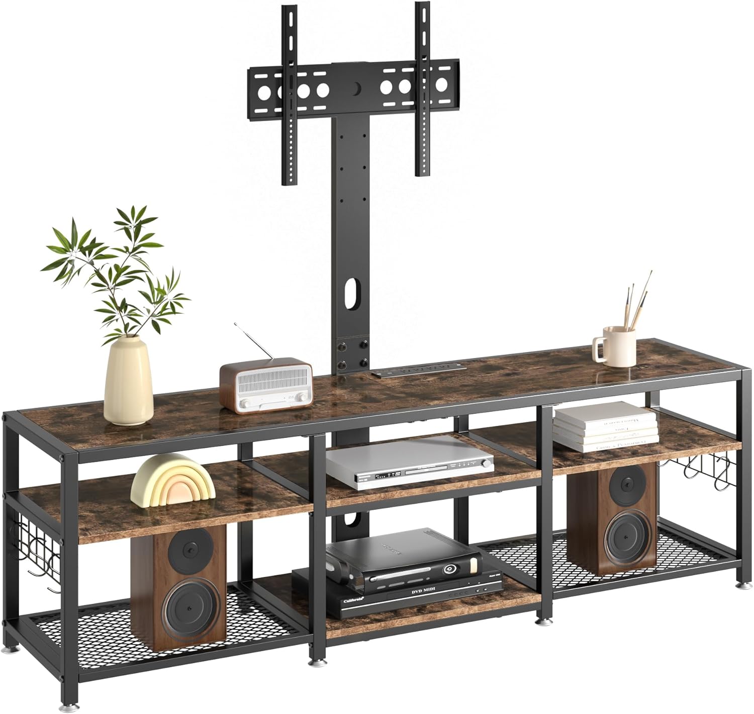 VECELO 71" TV Stand with Swivel Mount and Power Outlets, Entertainment Center with Open Storage Shelves, Height Adjustable Mount up to 80”, Wooden Table and Metal Frame for Living Room, Rustic Brown - Image 9