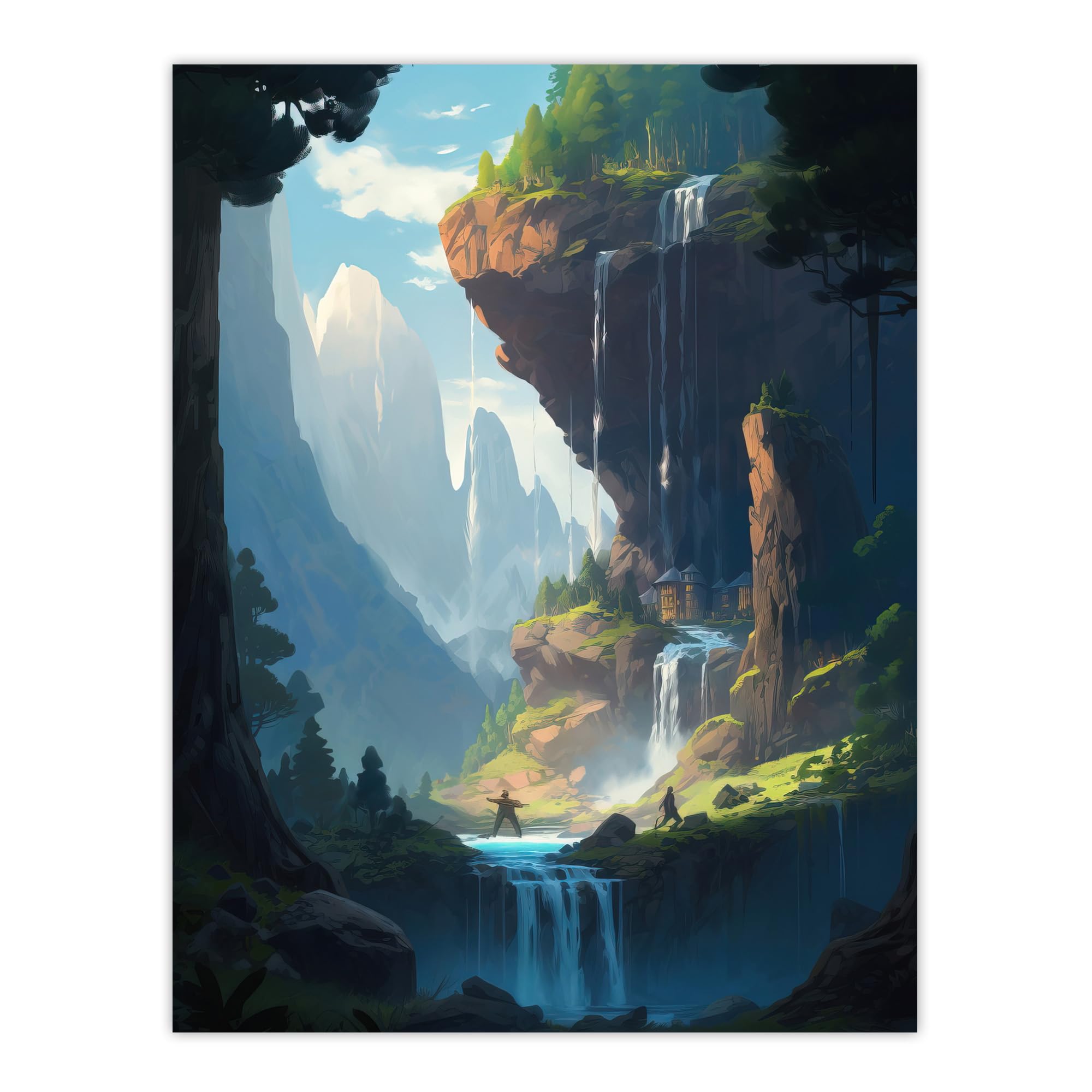 Artery8 Under a Cascading Waterfall Concept Art Painting Blue Green Orange Hidden Kingdom in Dreamy Cliff Landscape Extra Large XL Wall Art Poster Print