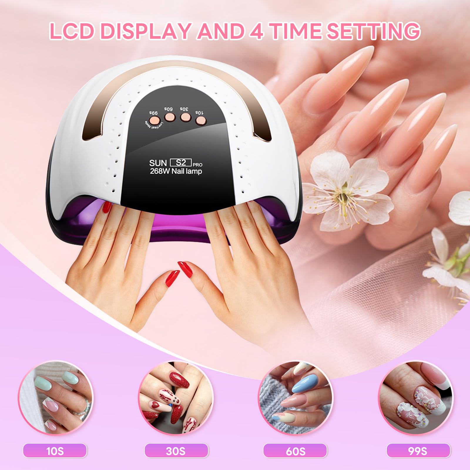 Lampada per Unghie 268W Super Power LED+UV, Asciugaprofessionale Rapido con 57 Perle a Doppia Sorgente Luminosa, Avvio a Induzione & Funzione Timer Automatico