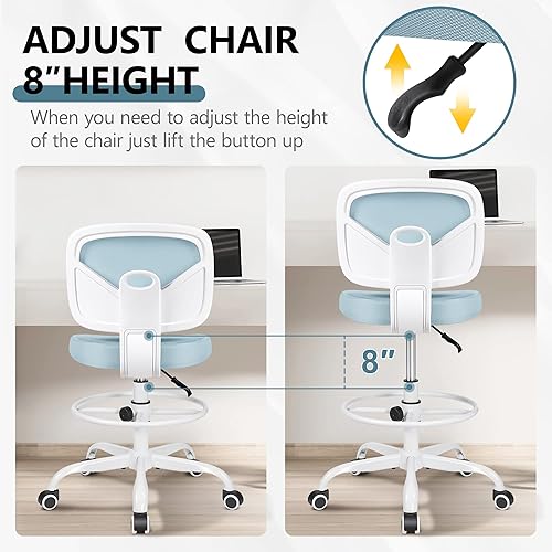 Miniatura 6 de Primy Tall Drafting Desk Chair - Armless, Adjustable Height, Mesh Back, Rolling, Standing Desk Chair for Art Room, Office or Home (Light Blue)