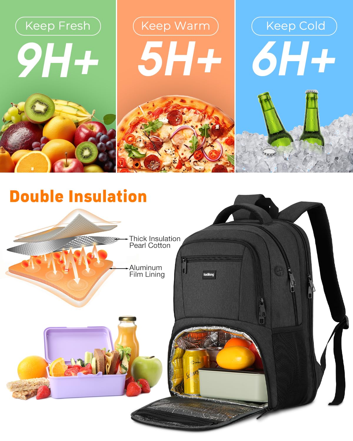 kadilong Mochilas aisladas de 17.3 pulgadas con compartimento refrigerador, mochila de viaje grande para laptop TSA con puerto USB para hombres y mujeres
