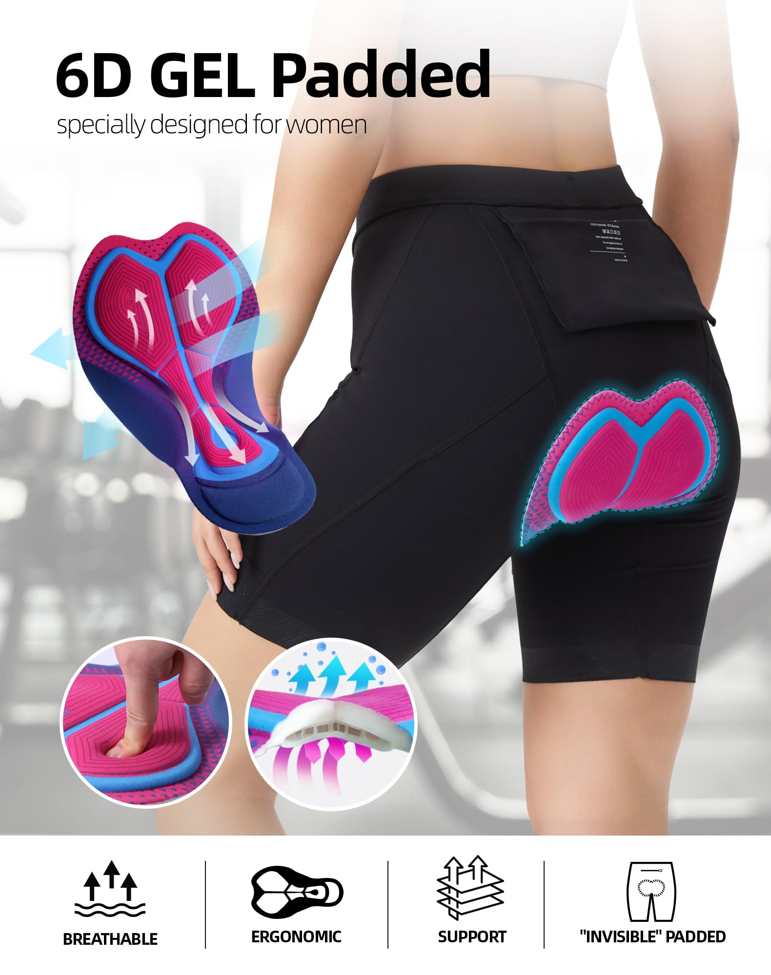 Short de cyclisme pour femme - Rembourré - 6D - Avec poche - Séchage rapide - Élastique - Respirant - Avec rembourrage large et dense - Sans douleur