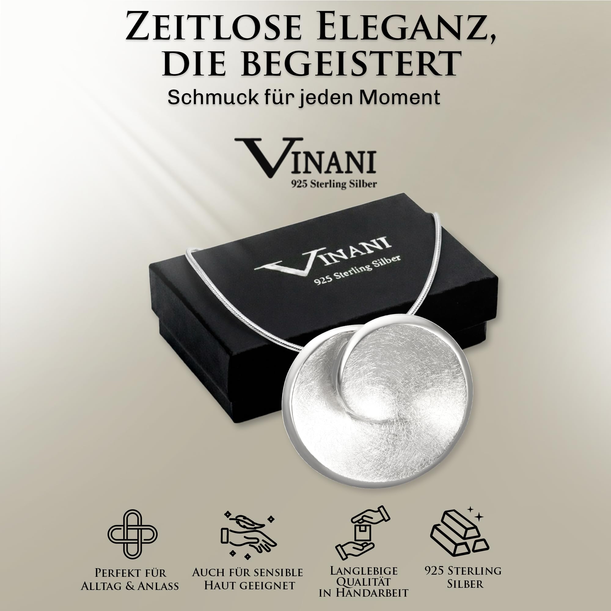 Kreiskette 925 Sterling Silber mit modernem Anhänger für Damen, ABBG-S00 | Gebürstete und polierte Oberfläche, Schlangenkette, nickelfrei, antiallergisch, designed in Deutschland