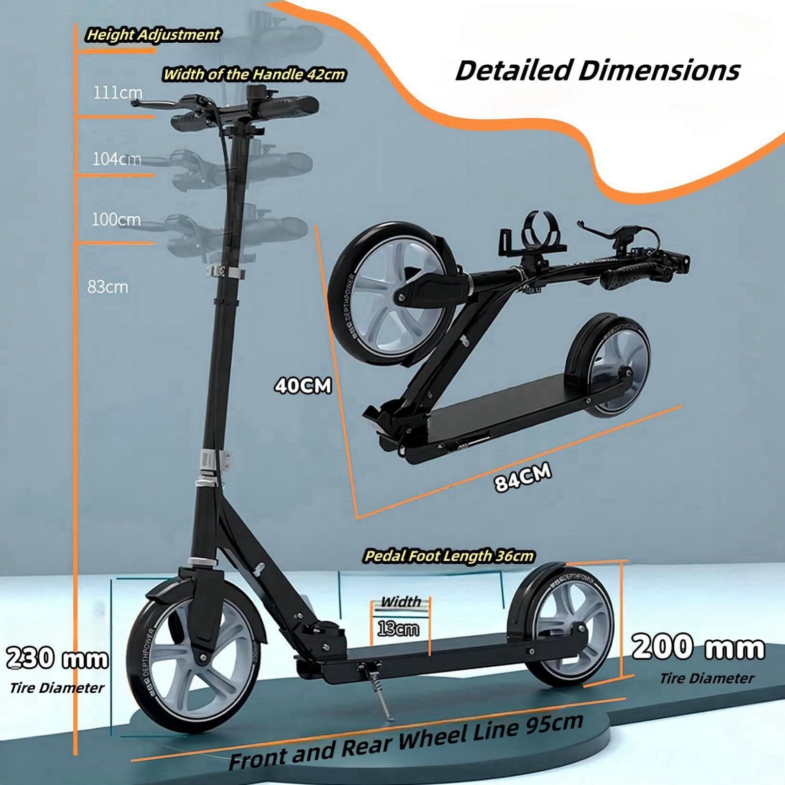City Scooter Monopattino Per Adulti Ruote Da 230 Mm PU Big Wheel, Pieghevole E Regolabile In Altezza Con Freni E Ammortizzatori, Capacità Di Carico 150 Kg