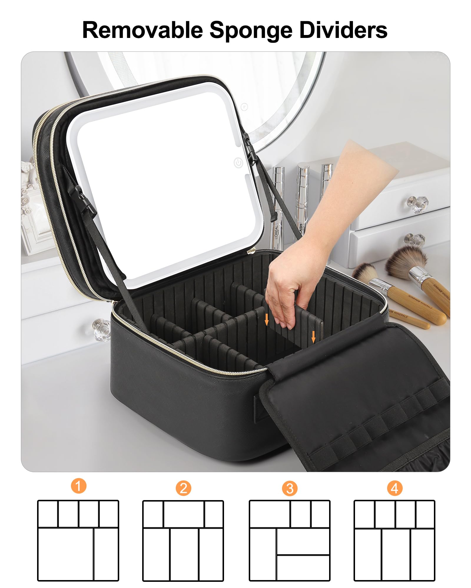 Relavel Beauty case con specchio a LED, piccola custodia da viaggio con specchio illuminato ricaricabile, 3 luci colorate, scatola cosmetica a doppio strato, organizer per pennelli da trucco, rossetto