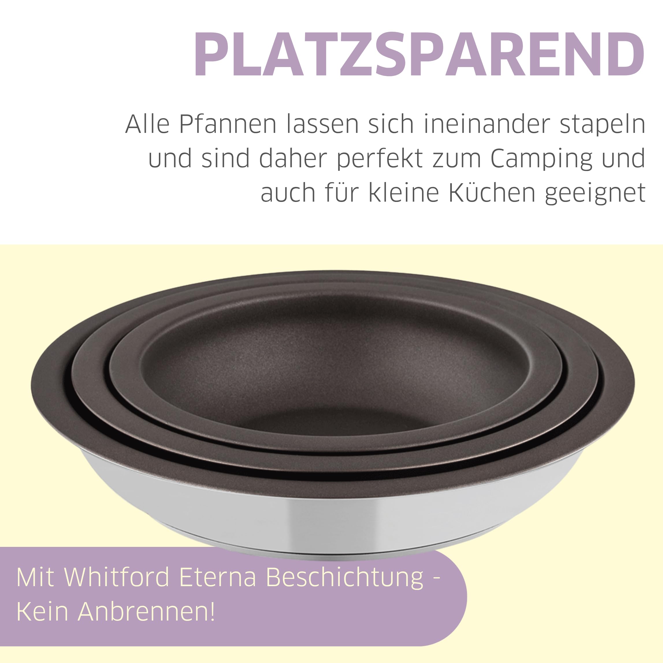 Pfannenset 3-tlg, abnehmbarer Griff, Induktion | Glasdeckel, Edelstahl 18/10, spülmaschinenfest, ideal für Camping, Backofen und platzsparend stapelbar