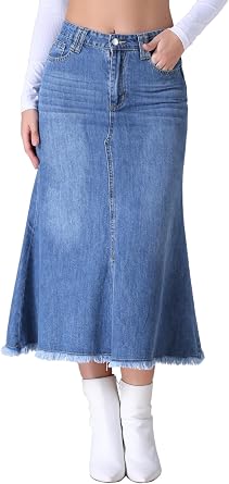 Women Vintage High Waisted A-Line Slit Fishtail Long Denim Skirt | Flattering silhouette with mermaid hem. Front slit and 4 pockets. Casual daily wear. Chic style