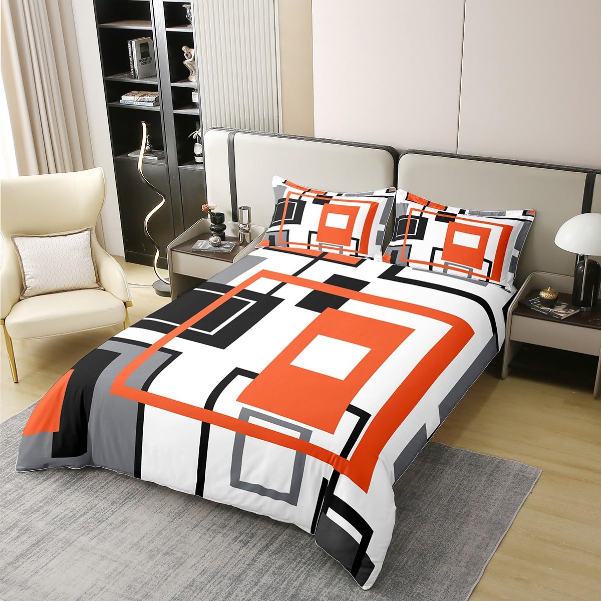 Homewish 100% Cotton Black White Grey Orange Comforter Cover Single Geometric Square Duvet Cover for Kids Adults Striped Bedding Set Modern Abstract Lines Grids Quilt Cover 1 Pillow Case Room Decor - Image 3