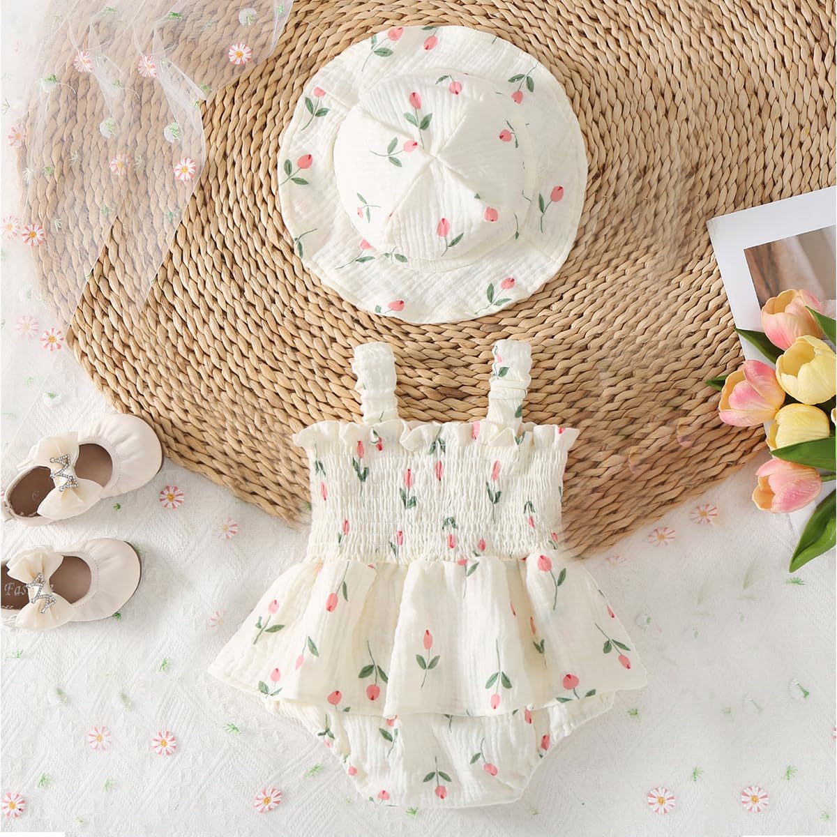 Vestidos Bebé Niña Ropa de Verano Floral Bohemios Vestido de Algodón y Lino con Gorro para Recién Nacidos Conjuntos para Bebés Sesiones de Fotos — view 3