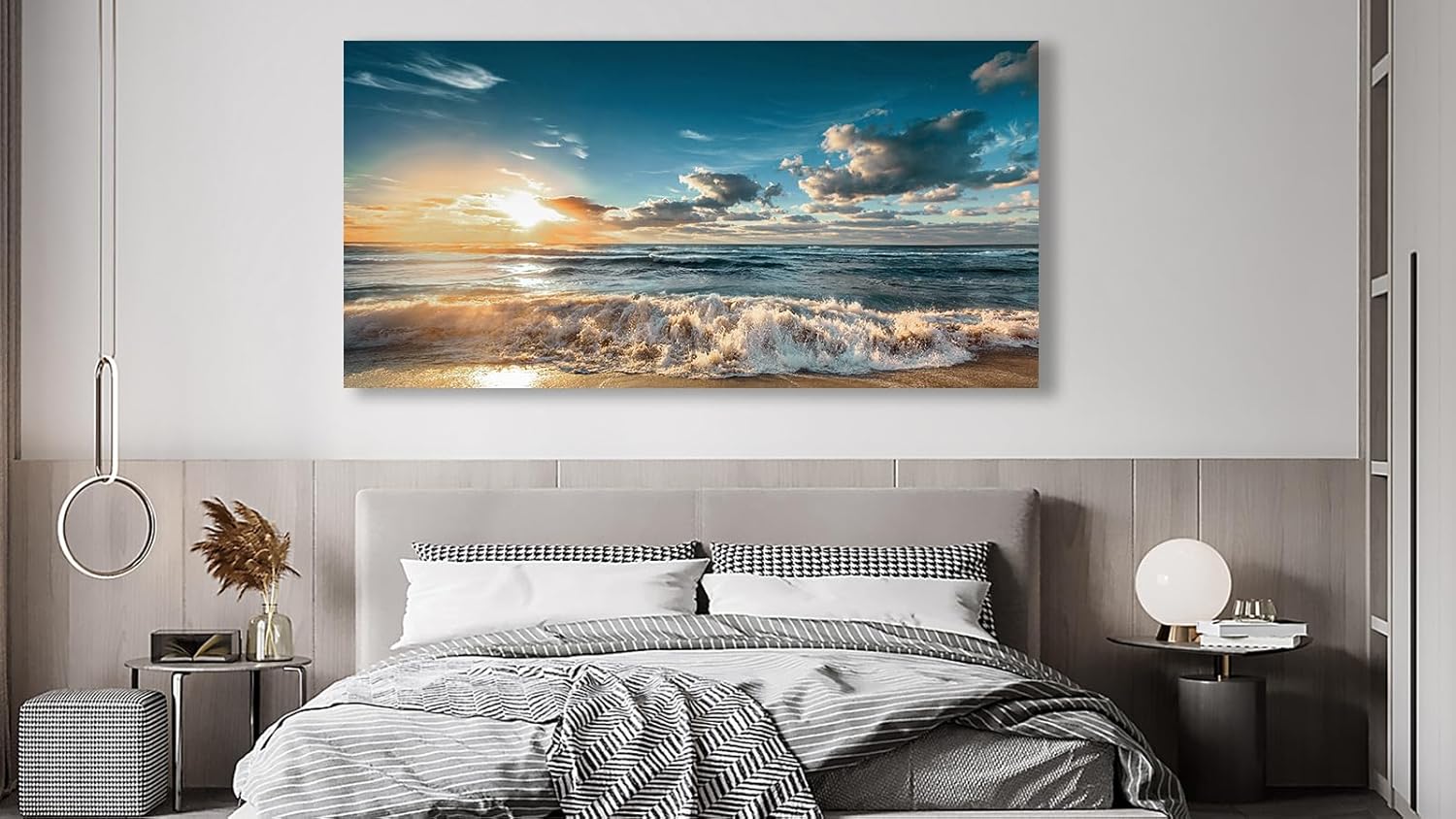 yearainn Sunset Beach Wall Art - Sea Beach Canvas Pictures Blue Ocean Wall Decor Coastal Waves Painting Nature Landscape Print Artwork for Living Room Bedroom Bathroom Home Office Decoration 24" x 48"