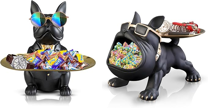 Huhote Bulldog Tray Statue, Candy Dish Key Holder Bowl, Black Resin