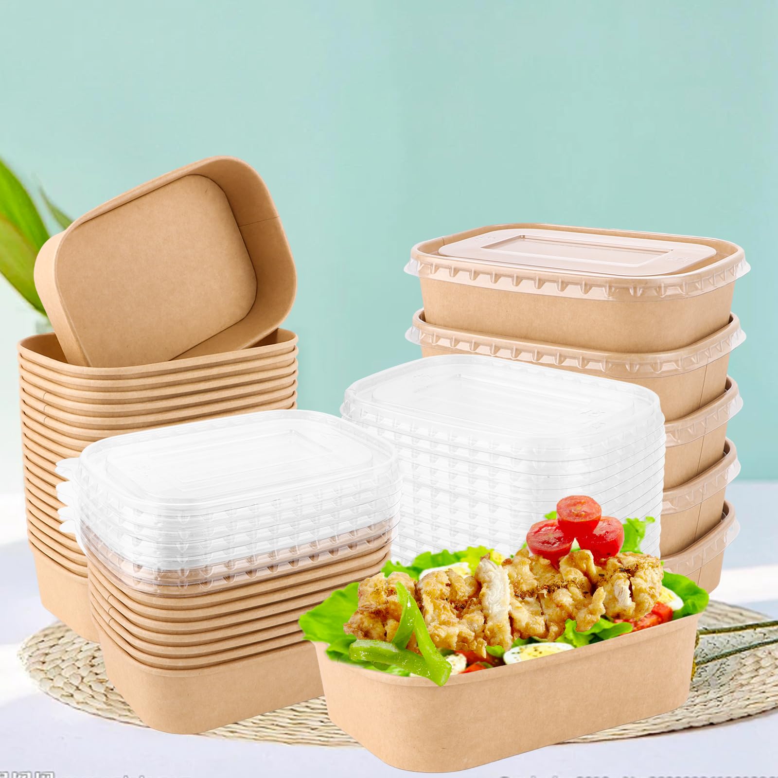 50 Pièces Boîte à Emporter Alimentaire 500ml, Boîte Kraft avec Couvercle PET Transparent, Boîte Hermétique Jetable pour Salade, Sushi et Plats Chauds, 171x120x43mm