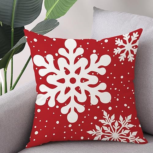 Miniatura 4 de Juego de 2 fundas de almohada rojas de Navidad de 18 x 18 pulgadas, juego de 2 fundas cuadradas de lino con copos de nieve para decoración de