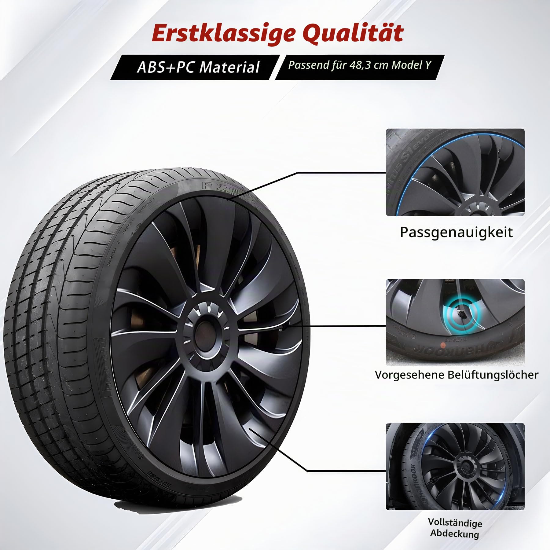 KAVANIC passend für Tesla Model Y Radabdeckung, Radkappe 19 Zoll, Mattschwarz, unterstützt Logo-Symmetrie-Design (4 Stück), Cyclone-Stil, 2020–2024 Modell Y Gemini Radabdeckung Ersatz