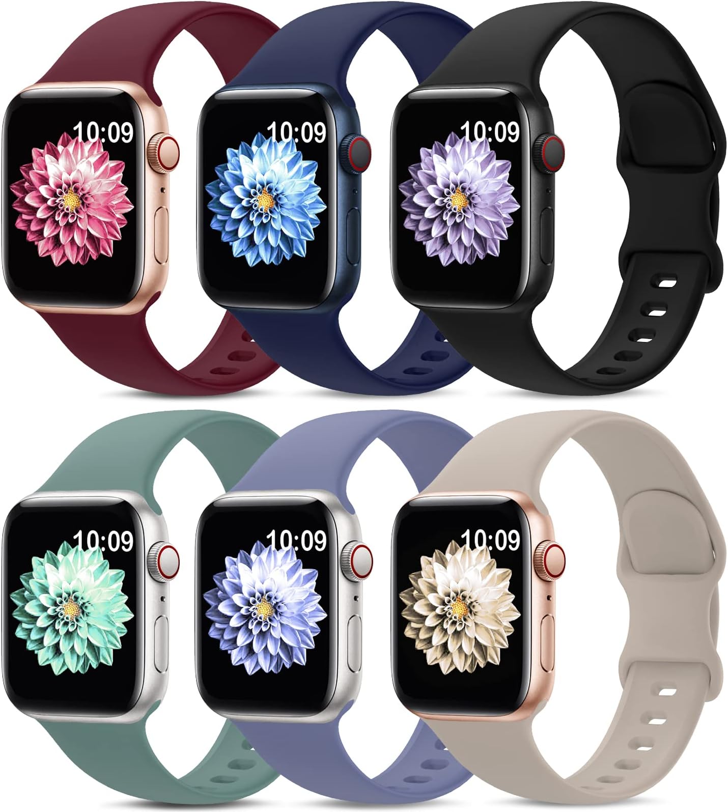 6 Pack Sport Bands Compatible with Apple Watch Band 38mm 40mm 41mm 42mm 44mm 45mm,Soft Silicone Waterproof Strap Wristbands Compatible with iWatch Apple Watch Series 7 6 5 4 3 2 1 SE Women Men