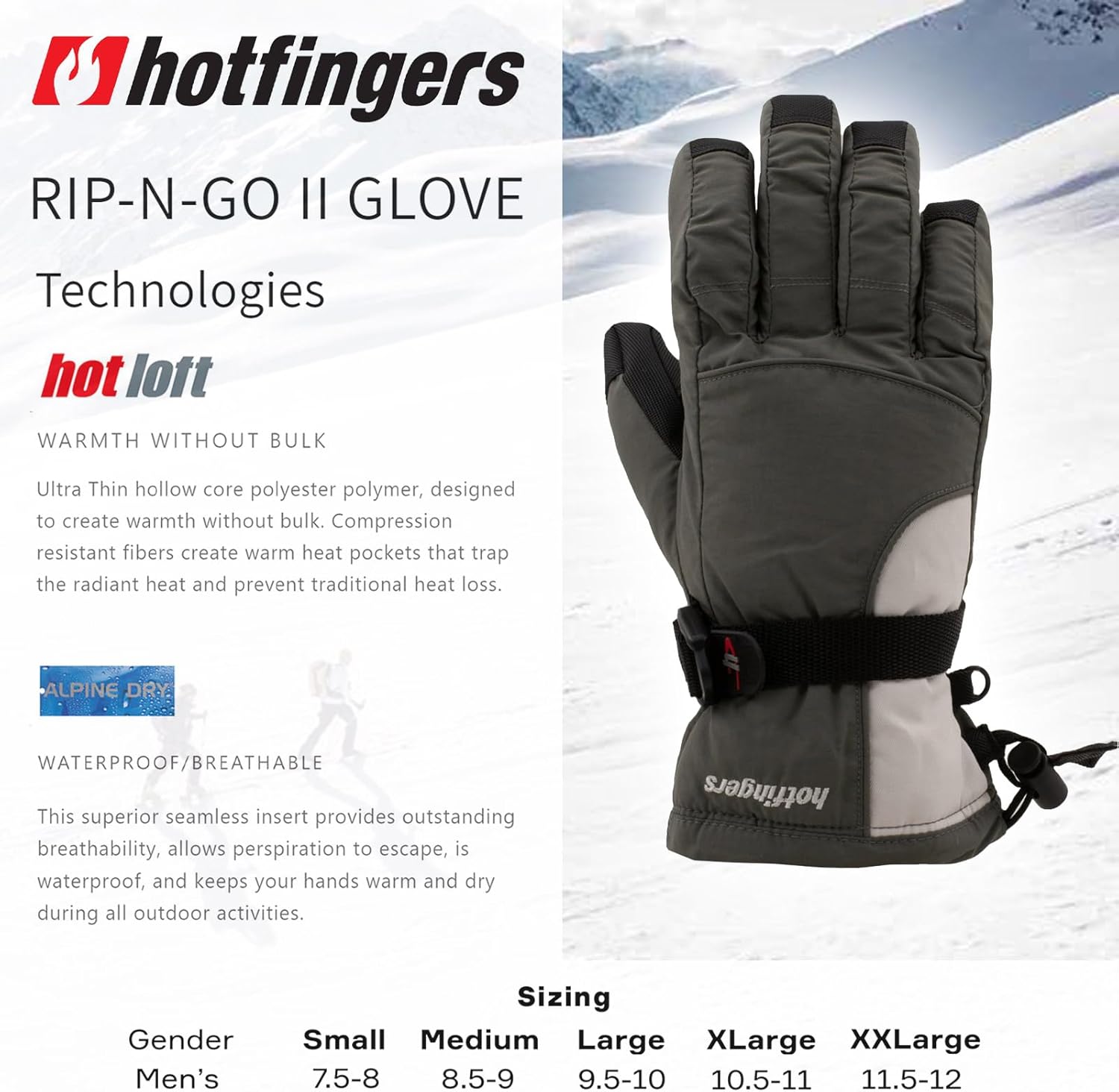 hotfingers Men's Rip-N-Go ll Alpine Sport Winter Gloves | Durable Warm Insulated Cold Weather Gloves with Quick-Release Strap