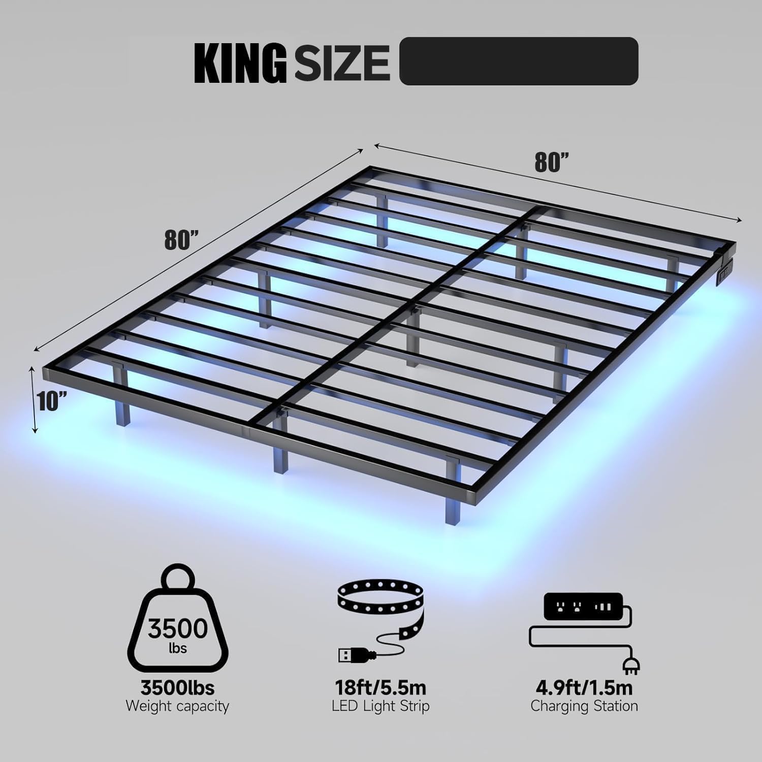 Floating Bed Frame King Size with LED Lights and Charging Station, Metal Platform Bed, Easy Assembly No Box Spring Needed