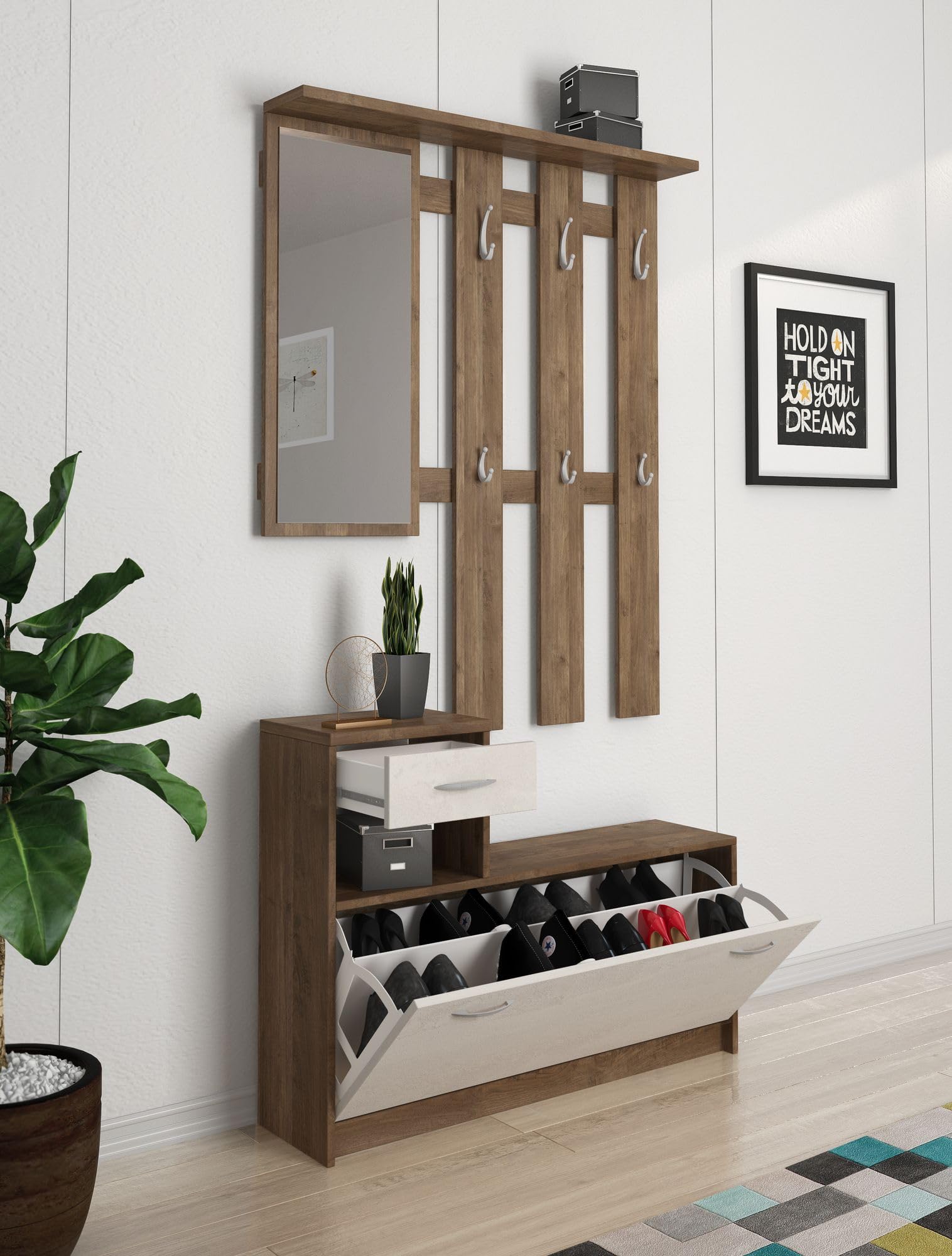 Bissolo Casa, Mobile da Ingresso Ken, Noce Eastwood e Spatolato, Laminato, 72.5x100x25, Mobili da Ingresso Moderni e Salvaspazio, Design Funzionale per Ottimizzare l’ambiente