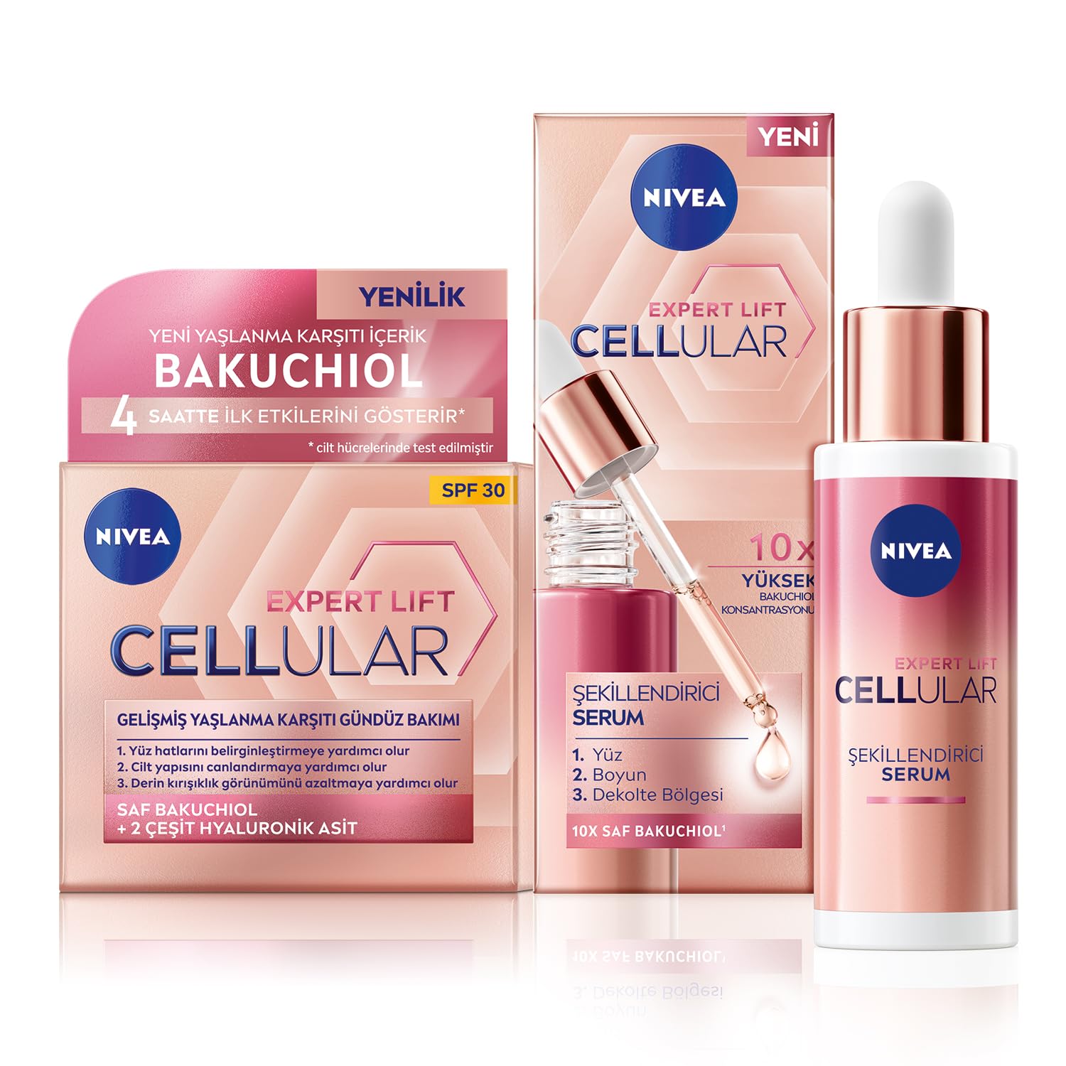 NIVEA Cellular Expert Lift Doğal Retinol Alternatifi Saf Bakuchiol ve Hyaluronik Asit içeren Kırışıklık Karşıtı ve Nemlendirici Gündüz Kremi 50 ml + Kolajen Tetikleyici Cilt Serumu 30 ml