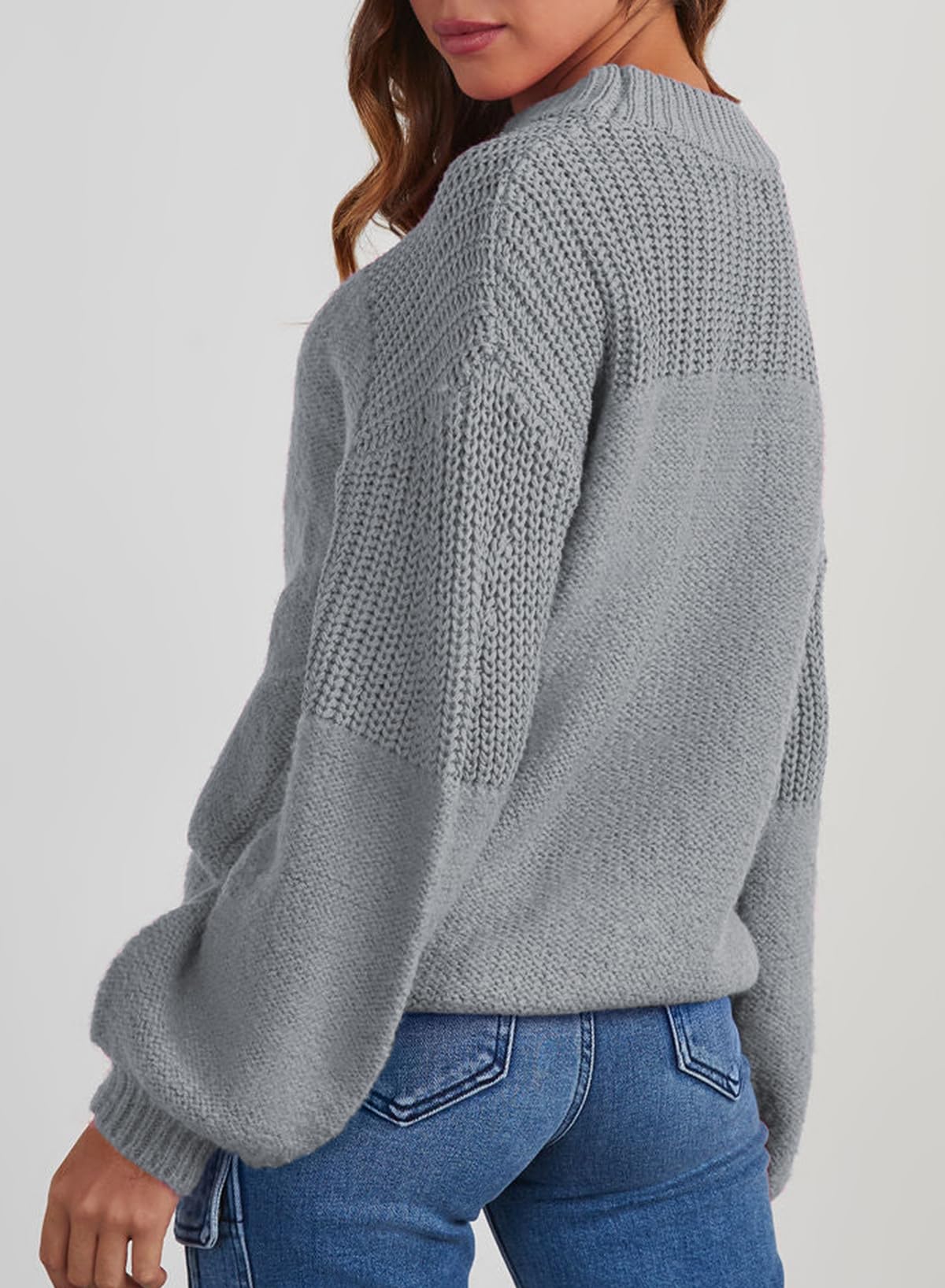 Dokotoo Damen Pullover Elegant Rundhals Puffärmel Strickpullover Einfarbig Lässig Lose Oberteile Herbst Winterpullover Pulli S-XXL