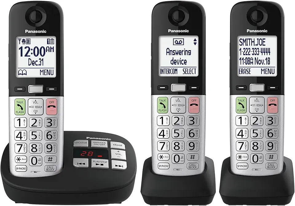 Panasonic Cordless Phone, Easy to Use with Large Display & Big Buttons, Flashing Favorites Key, Flashlight, Call Block, Volume Boost, Talking Caller ID, House Phones, 3 Cordless Handsets - KX-TGU432B