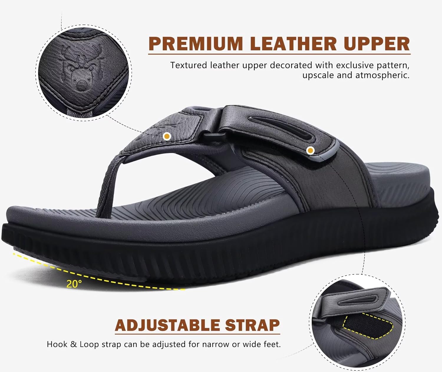 KuaiLu Mens Orthotic Flip Flops Men's Recovery Walking Sandals Adjustable Thick Athletic Cushion Sport Slides for Man, Water Resistant & Lightweight, Soft Comfort Fit & Arch Support - Image 4