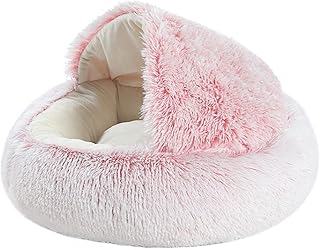 Wangle Fluffy Cat Dog Bed Soft Warm Sofa Cuddly Cave Cat Sleeping Bag Plush Cat Bed, Round Hooded Cat Bed Tent Igloo Sleeping Bed for Big Dog Cat Puppy Rabbit,35CM,Pink
