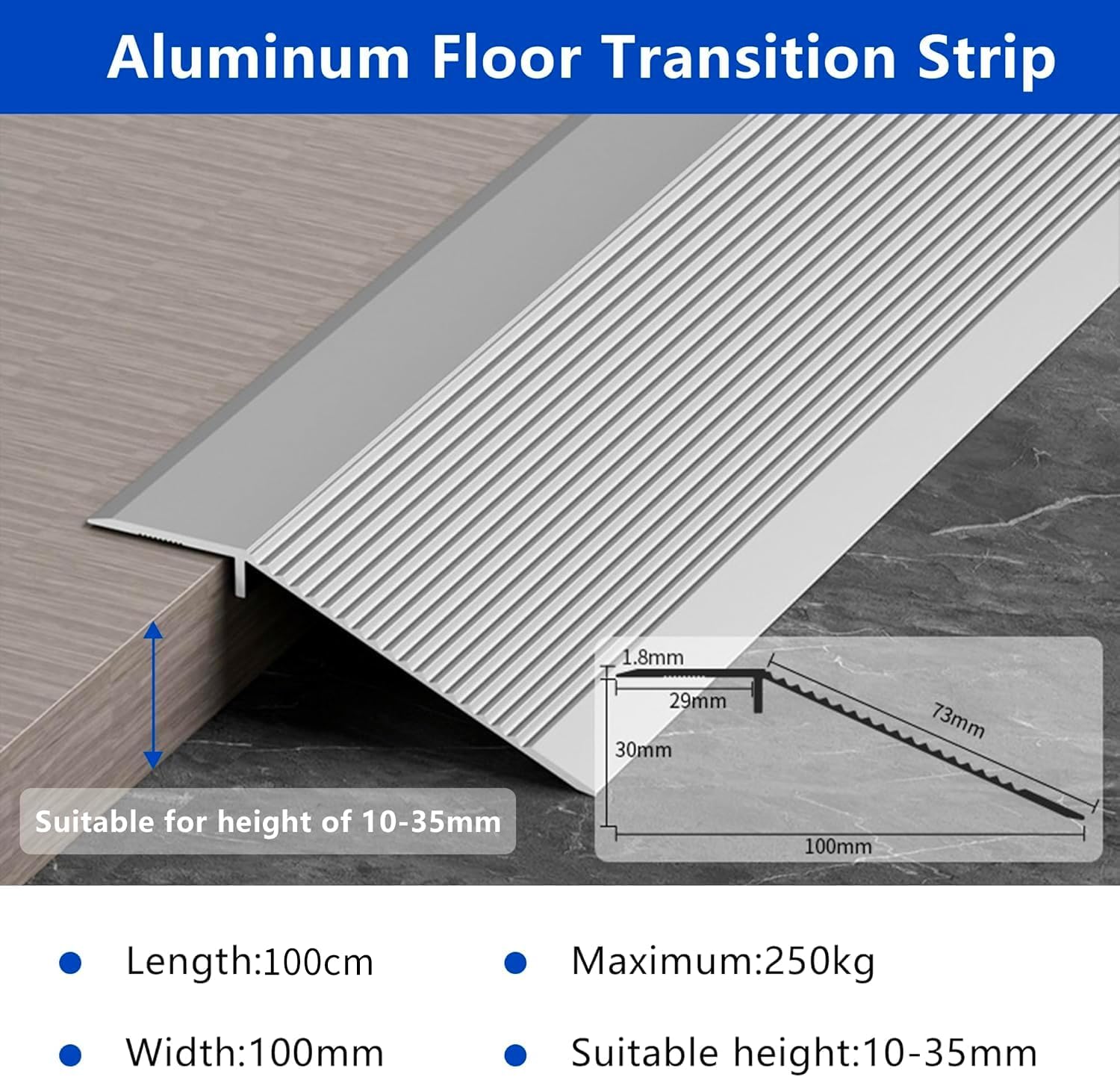 1 Meters Aluminum Floor Transition Strip Door Bar,Floor Bar for Doorways Threshold Ramp Tile Laminate Planks,Bridge The Height Between 10-35mm(Silver,10cm) - Image 2