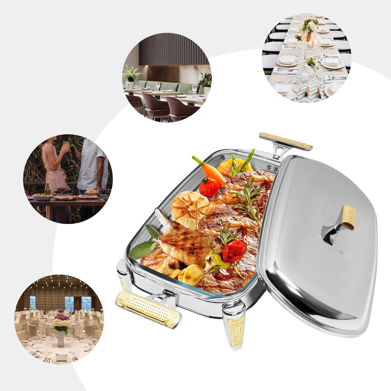 Serbatoio per alimenti in vetro da 2,2 l, con padelle, rettangolare, per pasti, chafing dish gastro con coperchio, per catering, buffet e feste, accessori per buffet, argento