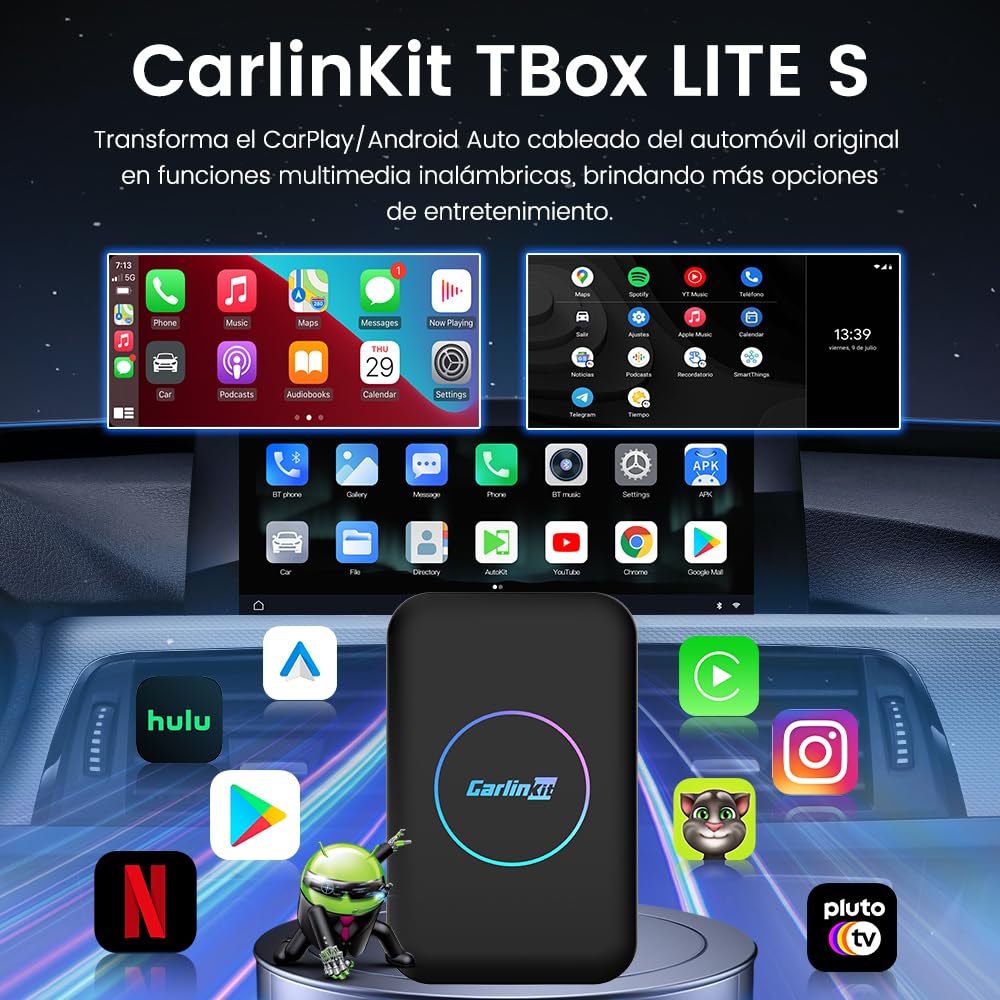 Adaptador 3en1 CarlinKit AIBOX-Lite，Soporta Sistema Android/CarPlay inalámbrico y función de Pantalla de Salida inalámbrica Android Auto/HD,Trae visualización de vídeo como Youtube,Netflix.