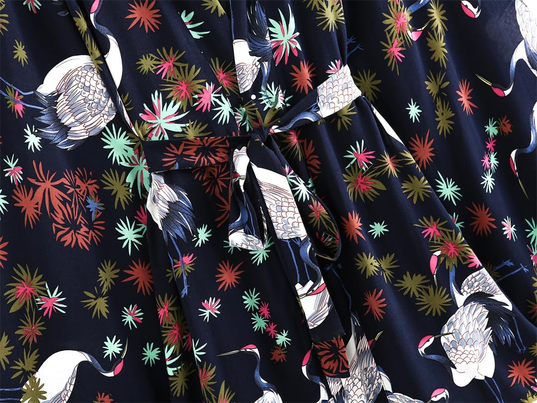 Batas vintage kimono botánico coberturas casual kimonos mujeres tops sueltos capas de playa, azul marino, L