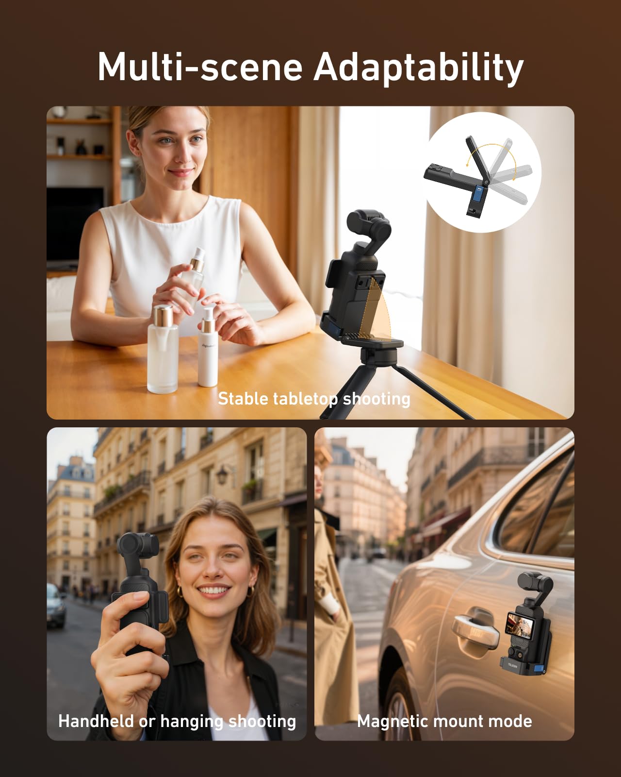 TELESIN Pocket 4 3 Soporte magnético, Adaptador de expansión, Accesorio para dji Osmo Pocket 4 3, 180°, Mango Ajustable, Soporte de Metal con Orificio roscado de 1/4 Pulgadas y Soporte para Zapata