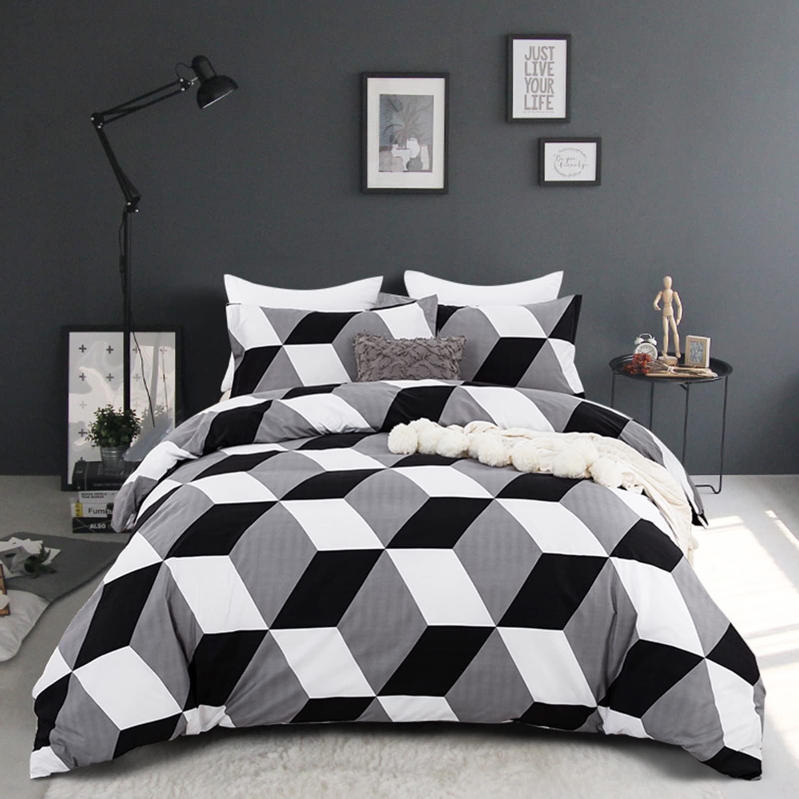 Geometric Duvet Cover 3D Diamond Bedding Set King Size, Soft Microfiber Reversible Duvet Cover Set Black&White Quilt Cover with Zipper Closure for Kids Teens Adults (3PCs 230x220cm)