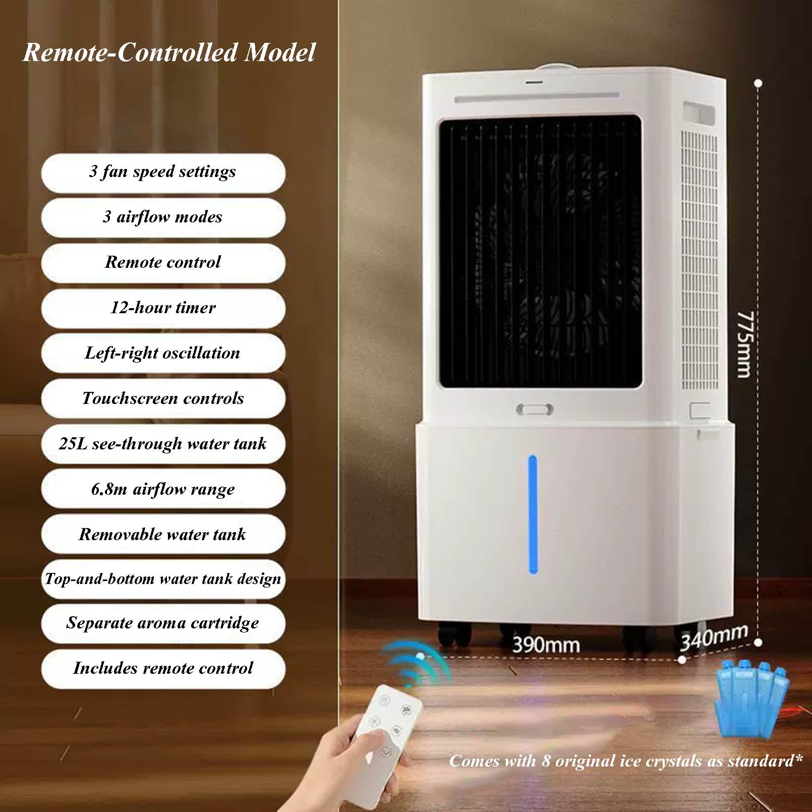 Ventilatore raffreddatore d'Aria Portatile, 3 velocità, climatizzatori con 3 modalità, Serbatoio dell'Acqua Rimovibile, Timer da 12 Ore, 8 Sacchetti di Ghiaccio