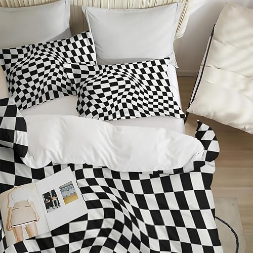 Miniatura 3 de Juego de funda de edredón tamaño Queen, diseño geométrico a cuadros con cierre de cremallera para niños y adultos, funda de edredón de ajedrez negro