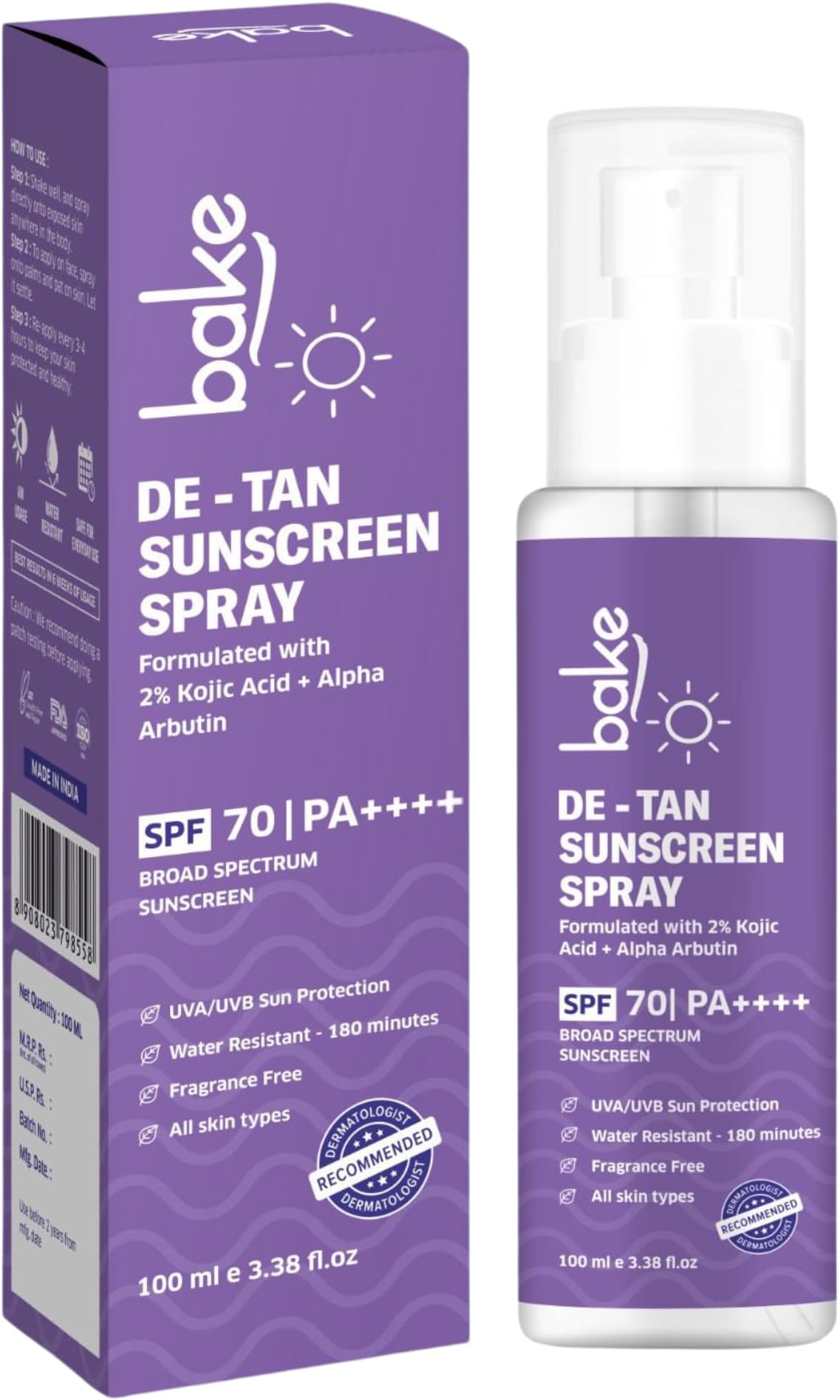 BAKE Sunscreen Spray SPF 70 PA++++ | Sweat Resistant & Waterproof - 180 Minutes | With 2% Kojic Acid & Alpha Arbutin | For Tan Removal, Pigmentation & UVA/B Sun Protection | No Whitecast, Lightweight
