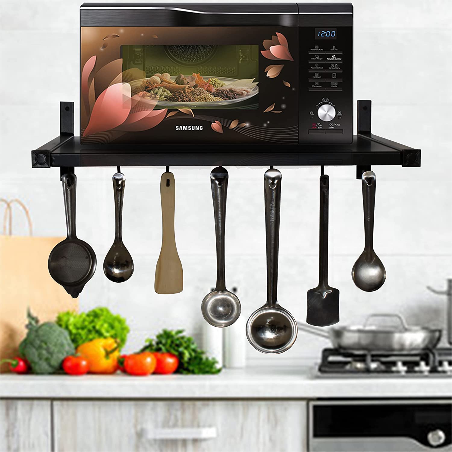 A to Z Hub Multipurpose Wall Mount Microwave Oven Rack - Metal Holder Storage Stand - Cooker Utensils Dish Shelf Organizer with Hooks for Home & Kitchen Appliances