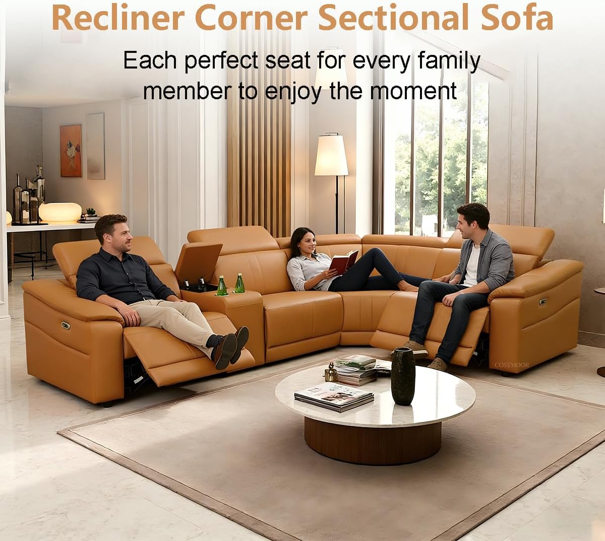 Power Recliner Sectional Sofa with Adjustable Headrest, Power Leather Corner Sectional Couch with 2 Recliners, 4-Seater L Shaped Couch with Storage Console/Cup Holder/30'' Wide Seat for House