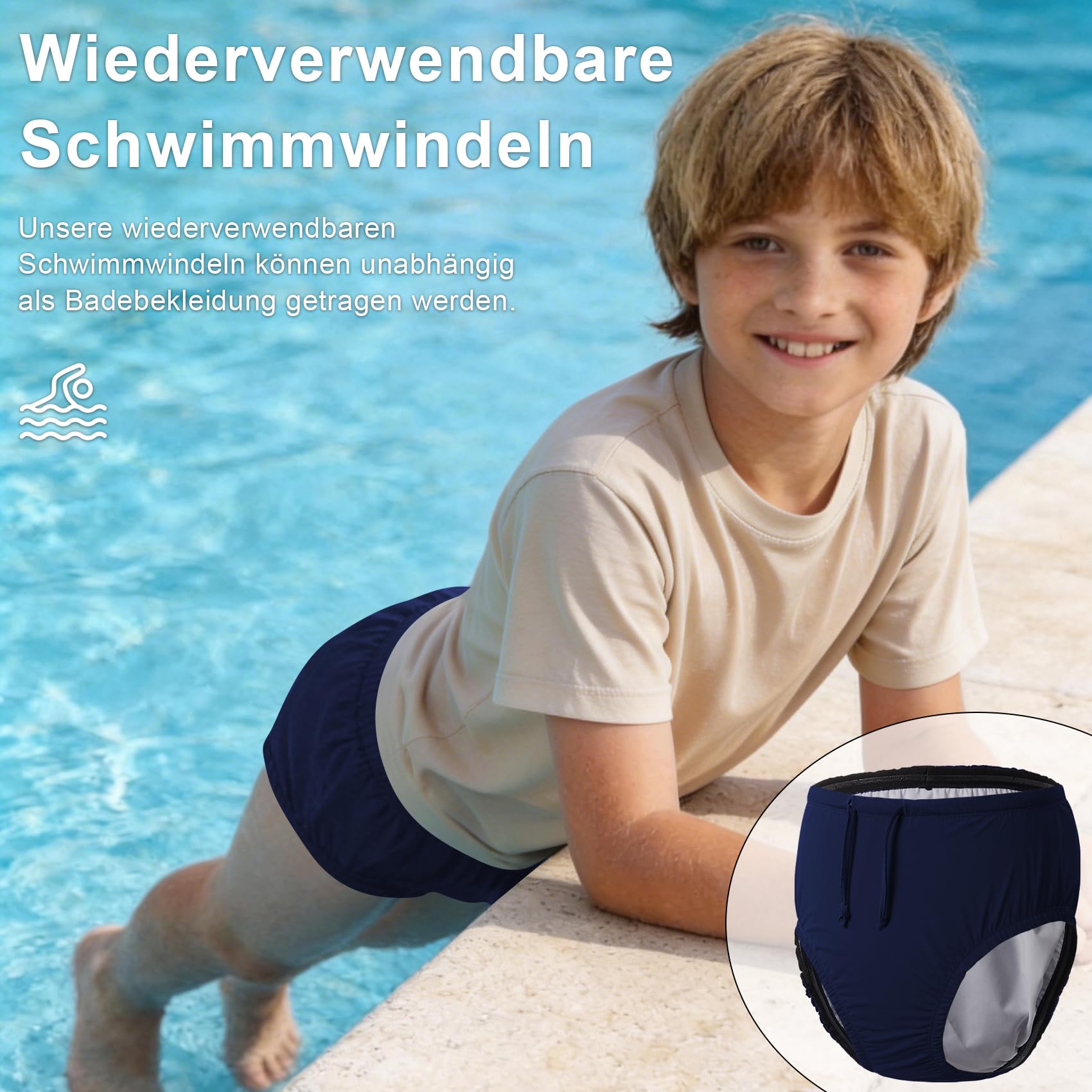 Dreammonkey Wiederverwendbare Schwimmwindel für Kinder & Jugendliche, Auslaufsichere Schwimmkleidung für besondere Bedürfnisse, Wasserdichter Inkontinenzschutz für Pool & Strand(Navy,8-10T)