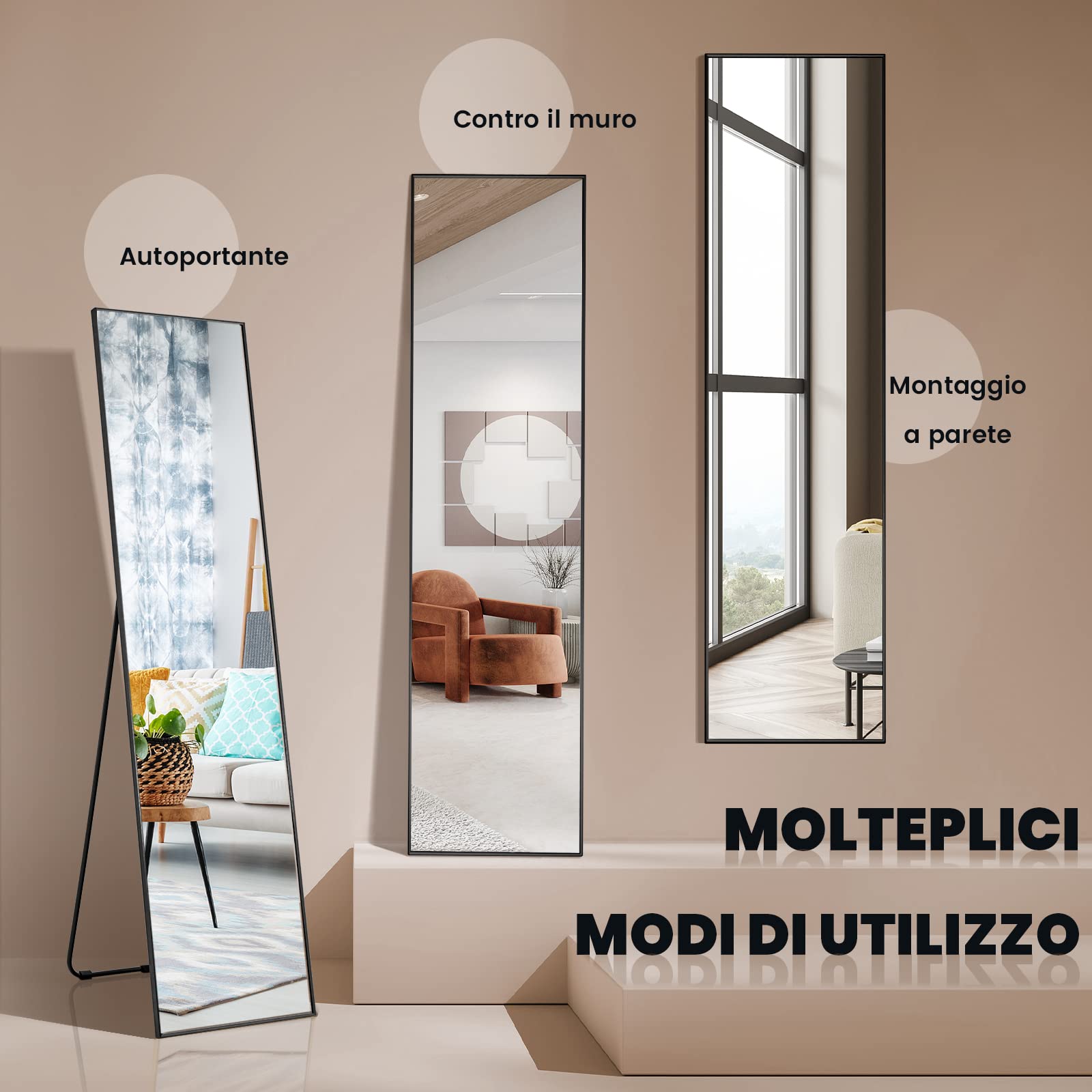 COSTWAY Specchio da Parete Lungo, Specchio da Terra Appendere con Cornice in Lega di Alluminio e Ganci, Per Camera da Letto e Soggiorno, 160 x 40 cm (Nero)