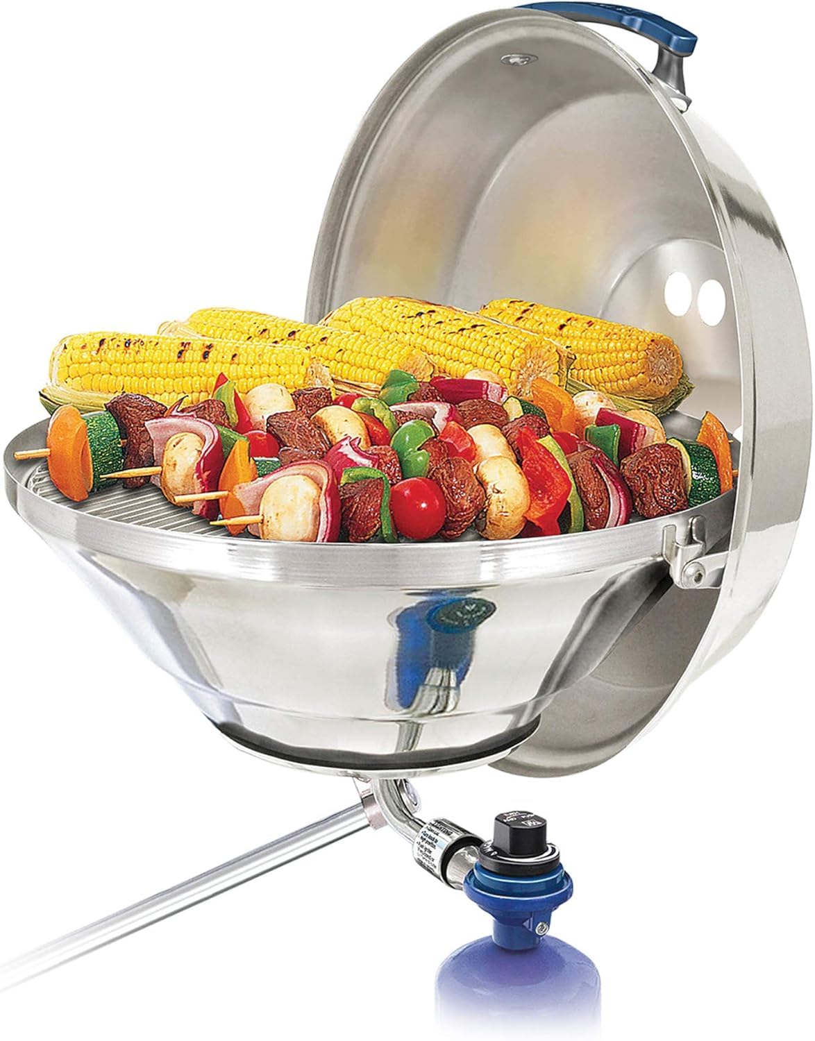 incomplete magma a10-215 marine kettle portable gas grill - stainless steel bbq for boats - wind-resistant design, safe propane connection, stay cool handle - 17" diameter