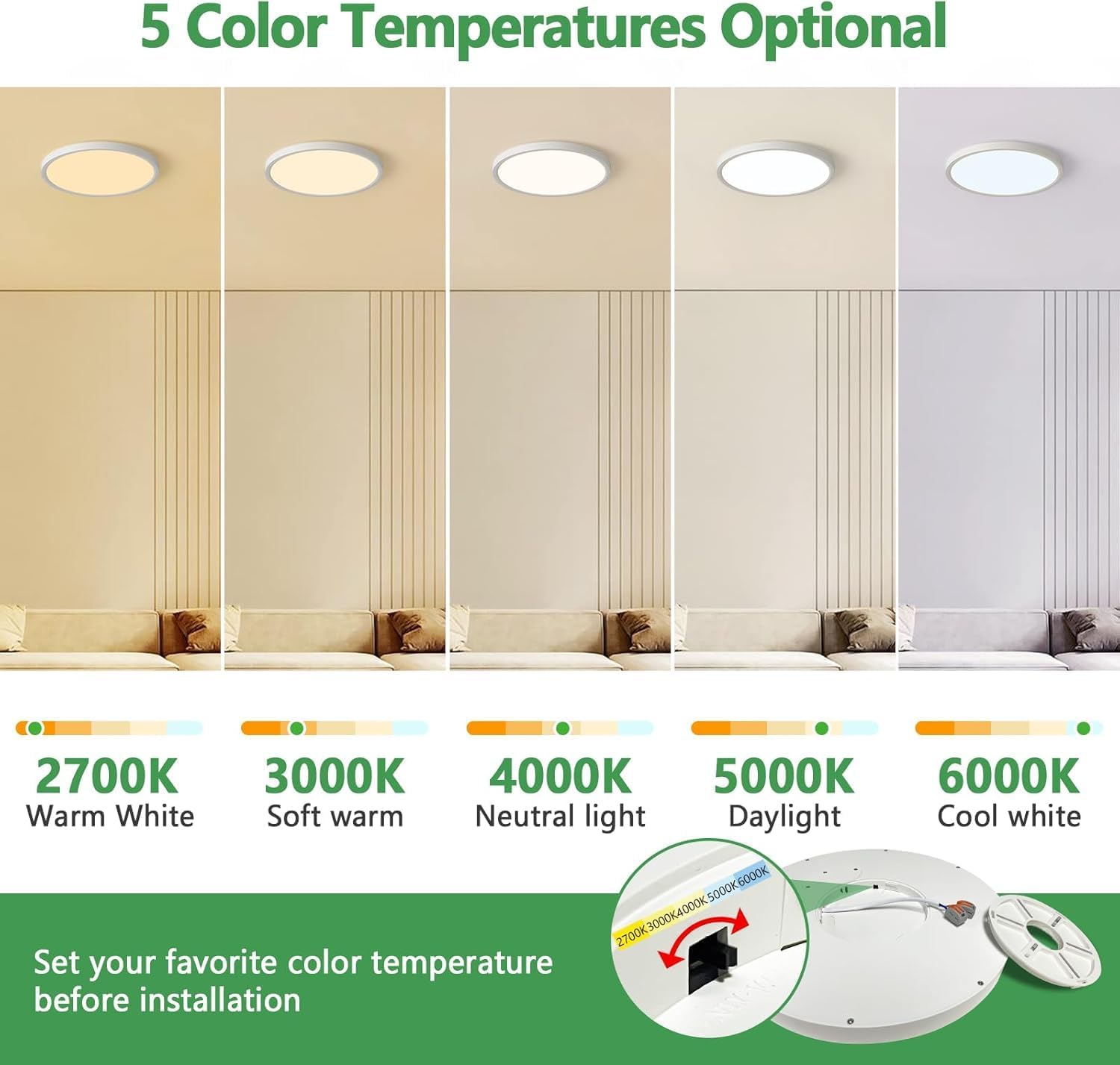 6PK 15.8 Inch Dimmable LED Flush Mount Ceiling Light, 32W, 3480LM, 2700K/3000K/4000K/5000K/6000K, Round Flat Panel Low Profile Ceiling Light Fitures for Hallway, Kitchen, Bedroom, White Dimmable-White