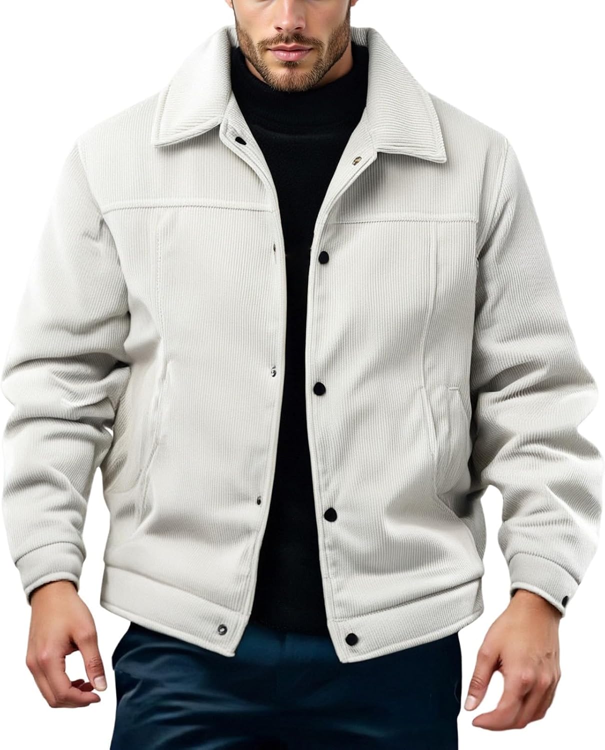 Corduroy Jacket For Men Button Down Vintage Long Sleeve Winter Western Shacket Jacket With Pockets, M-3XL