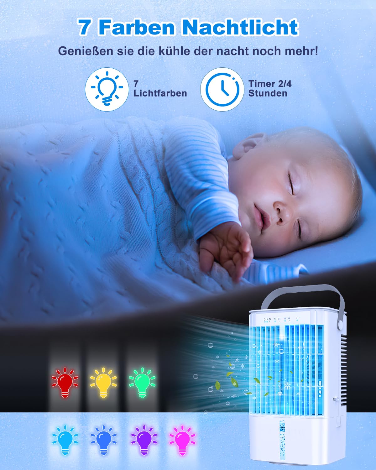 RenFox Mobiler Klimaanlage 4 in 1 Energiesparender Mini Luftkühler mit großem wassertank (1200 ml), 3 Stufen Verdunstungskühlung, 7 Farb LED, Timer und geräuscharm für Home Office und Schlafzimmer