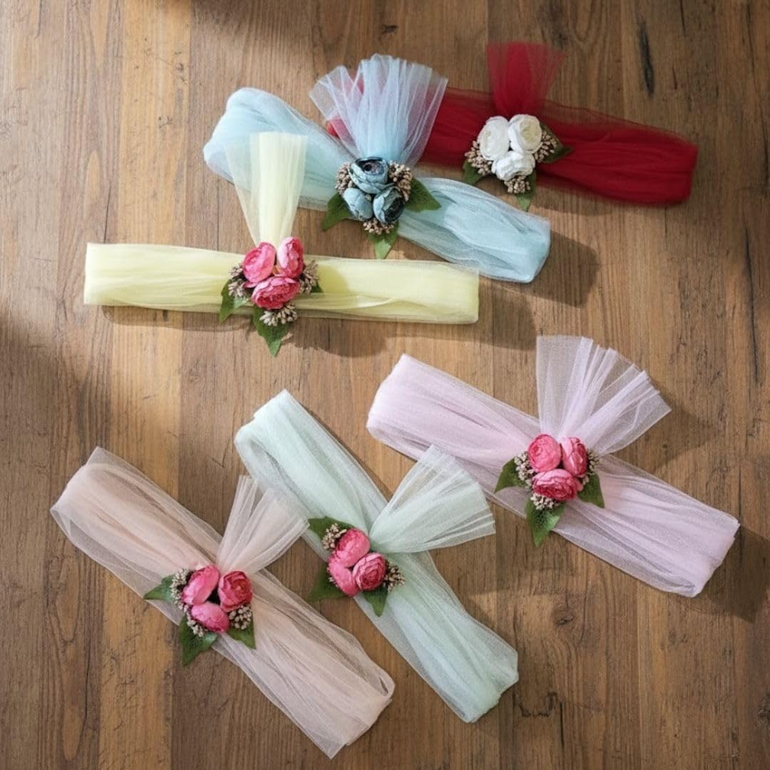 DESIREZONE 6 Pcs Net Bands with Artificial Flower Bunch (Ready-to-Use) – Decorative Reusable Trousseau Packing for Wedding Return Gifts, Shaadi Gift Wrapping, Bride Groom Hamper (Multicolor)-image-23