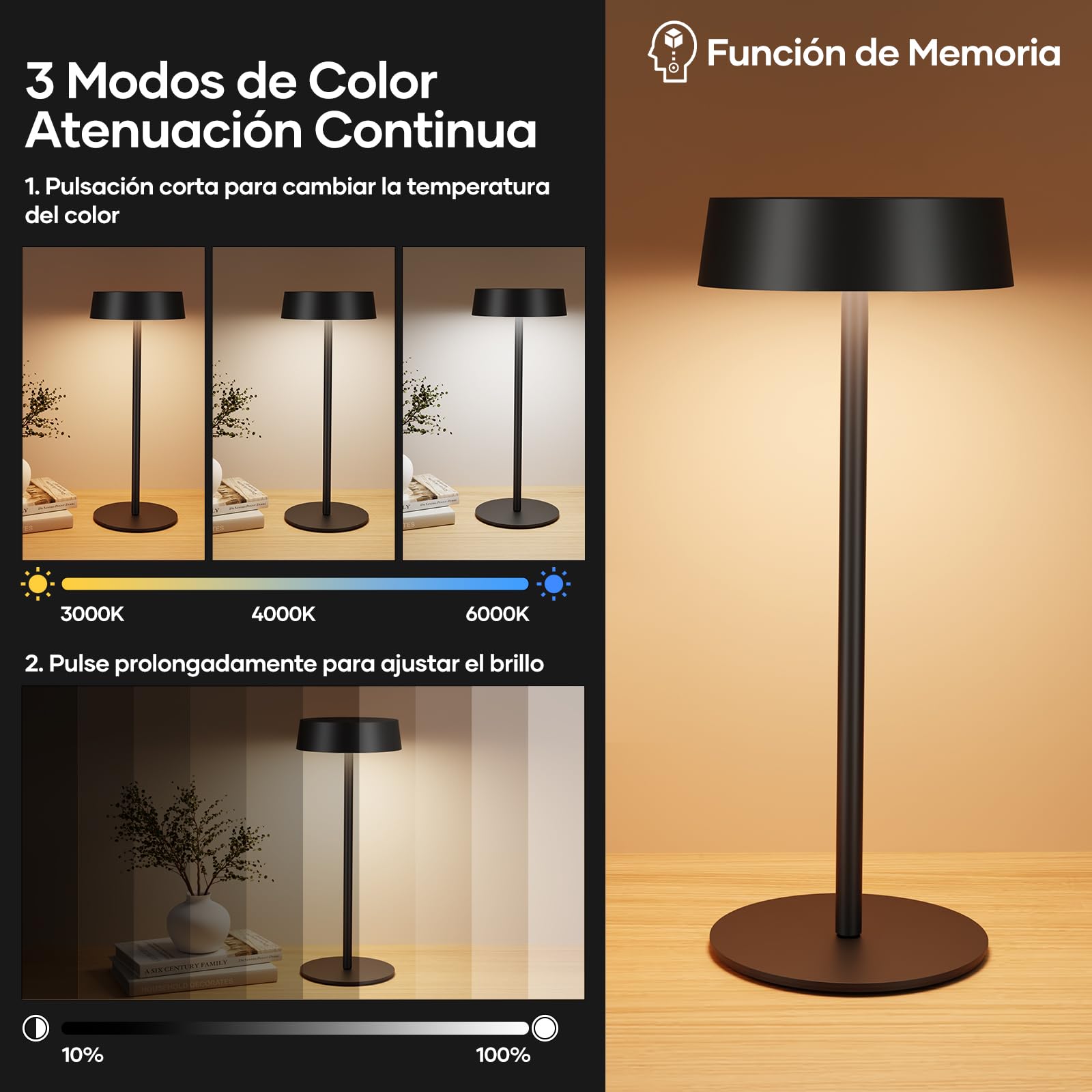 Suright Lámpara de Mesa Solar Sin Cable, Lámpara de Noche Recargable con Energía Solar y USB-C, 3 Modos de Color, Brillo Ajustable, IP65 Resistente al Agua para Uso en Interiores y Exteriores