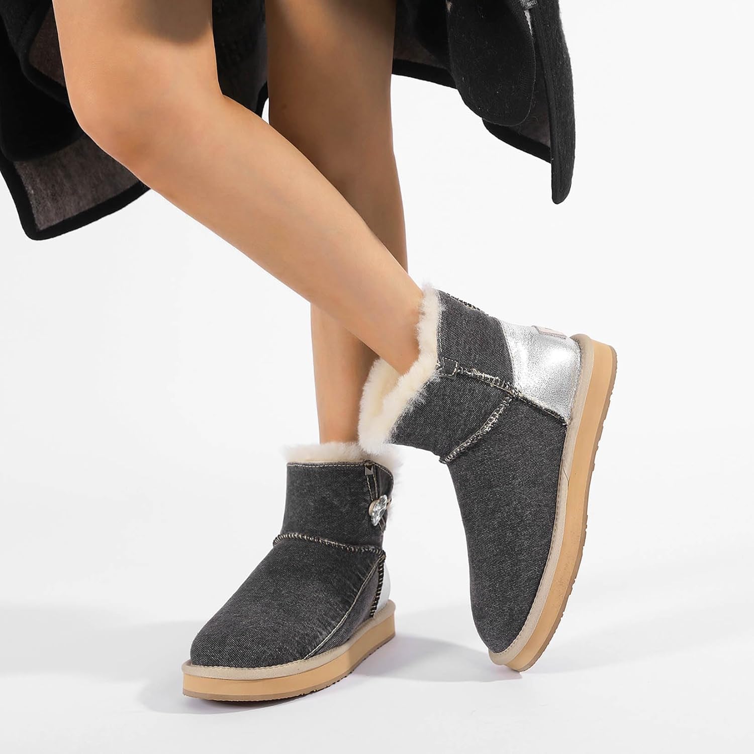 Mel&Syd MelSyd Women's Sheepskin-Lined Jeans Booties: 100% Australian Merino Wool - Chic Buckle & Anti-Slip Sole - Cozy Winter Ankle Boots - Daily Comfort Short Shoes- Christmas Gifts