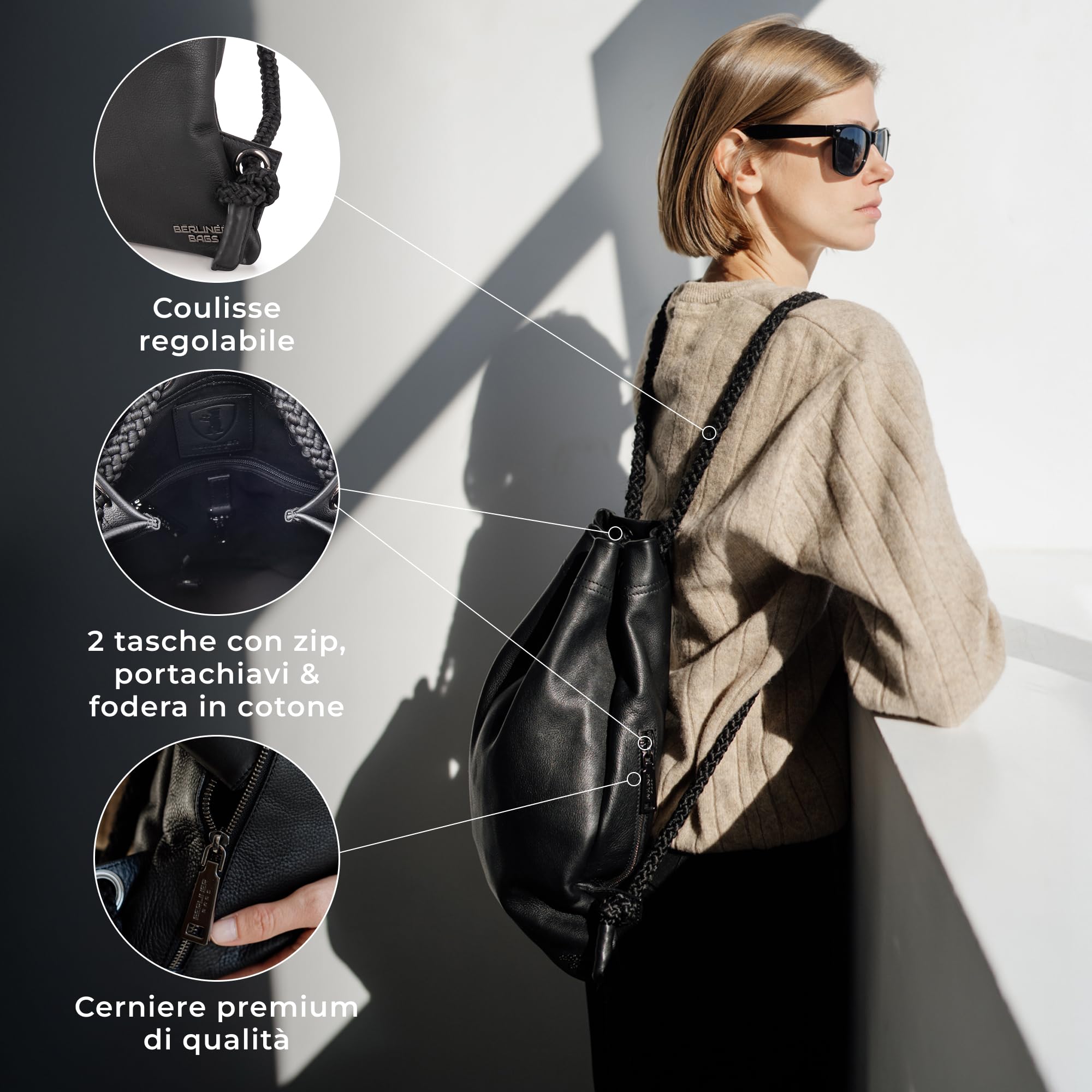 Berliner Bags Sacca Sportiva in Vera Pelle, Turnbeutel con Coulisse, Zaino Palestra e Tempo Libero per Donna e Uomo – Nero