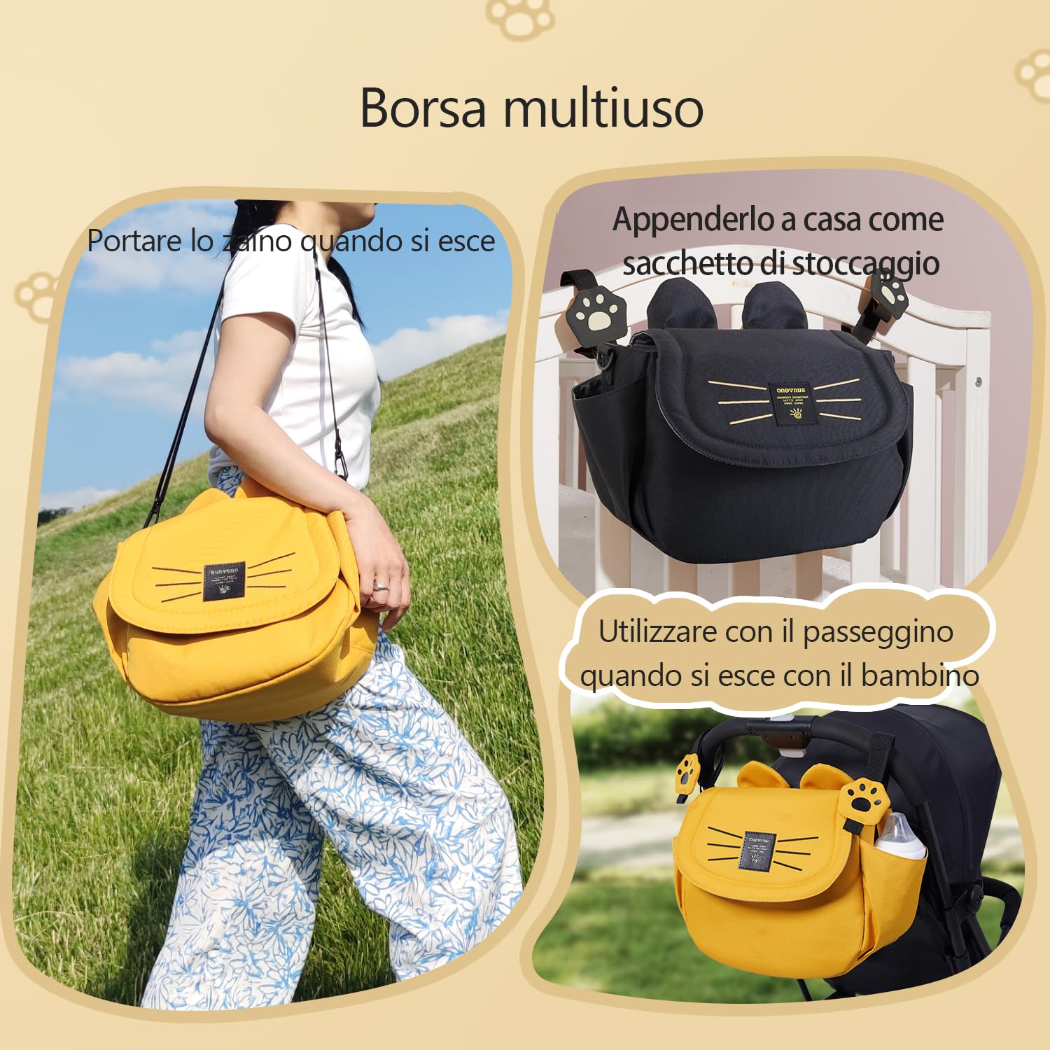 SUNVENO Borsa per pannolini per gatti grande capacità mamma borsa da viaggio maternità universale bambino passeggino borse organizer (giallo)